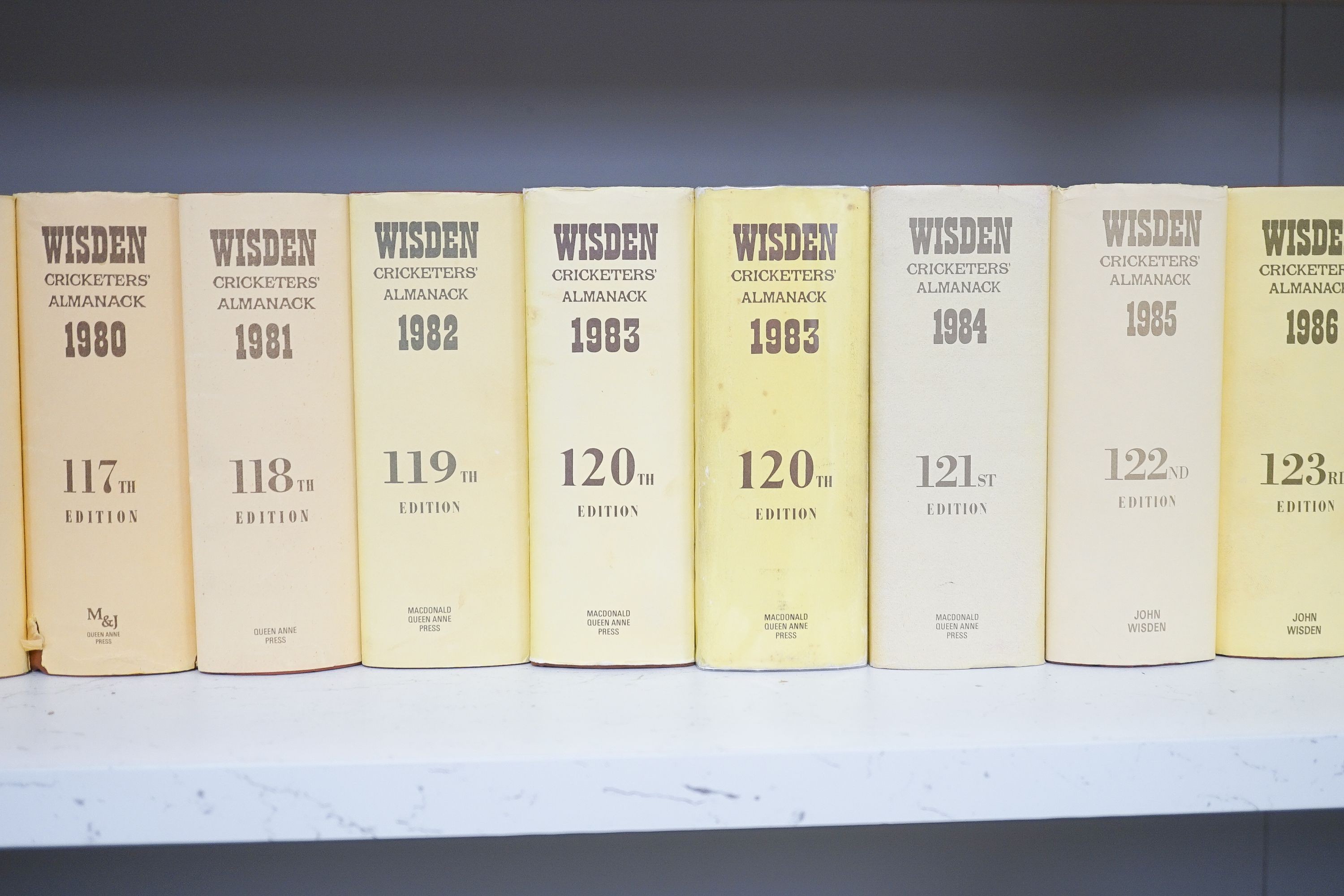 Wisden, John - Cricketers' Almanack, 82 vols, consisting: 1947/48 (soft back), 1949-1964 (hardback, without d/j's), 1965 (hardback with dj), 1966 (hardback, without dj), 1967-2020 (hardbacks, with d/j's), plus duplicates